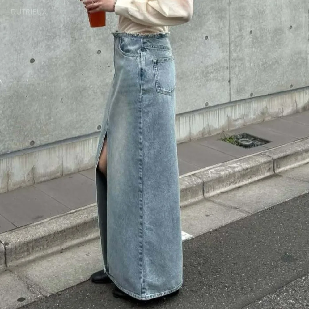 Denim Split Skirt Straight Women's skirts Fashion High Waist Roupas Feminina Japan Streetwear Faldas Spring Summer Ropa Mujer