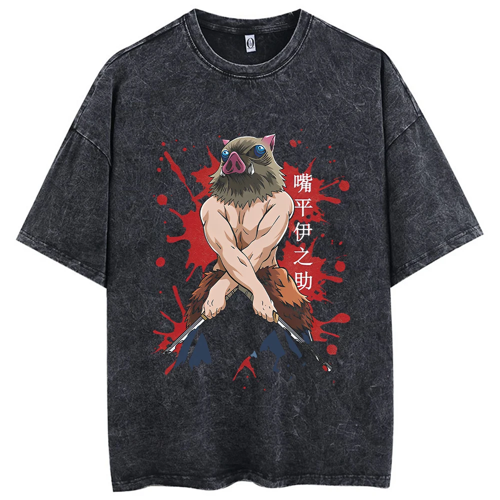 Anime Printed Acid Washed T Shirt 100% Cotton Short Sleeves Streetwear Tops Vintage Manga Fashion Oversized Tees Unisex