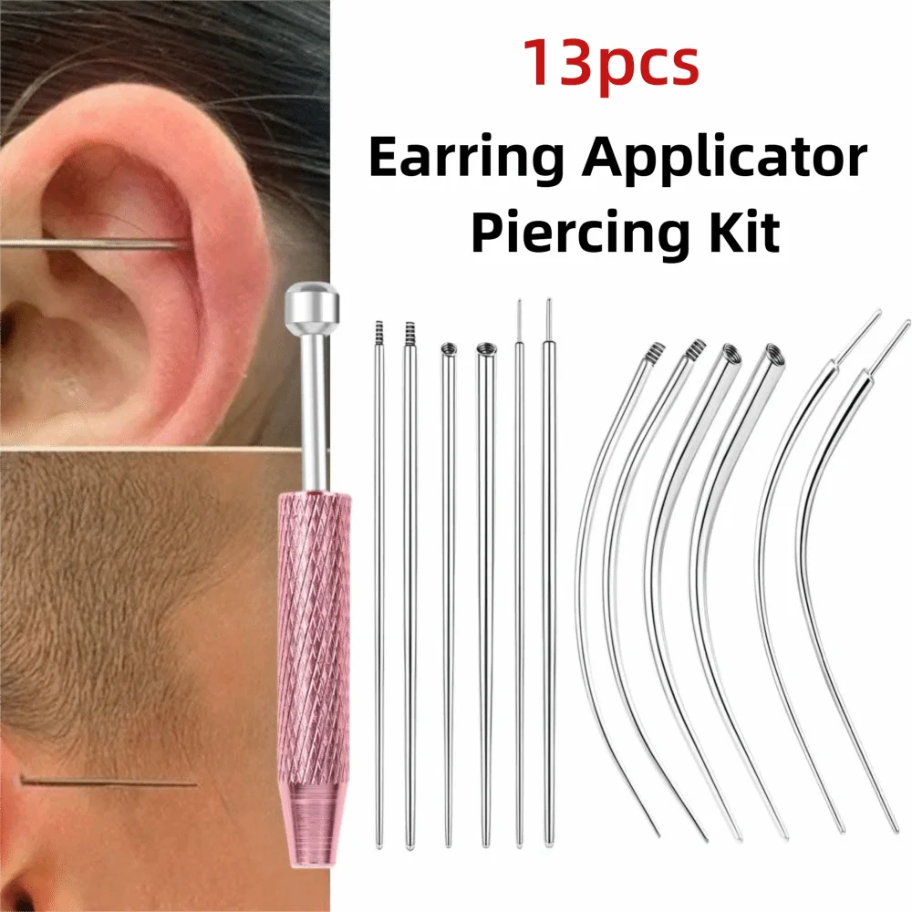 13pcs Stainless Steel Piercing Taper Tool Professional Earring Applicator Puncture Connecting Pin Straight/Curved Pole