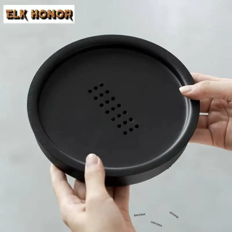 ZAEYORIA Matte Black Iron Art Pot Bearing Holder Gaiwan Support Store Water Dry Bubble Table Tea Tray Round Coasters Tableware