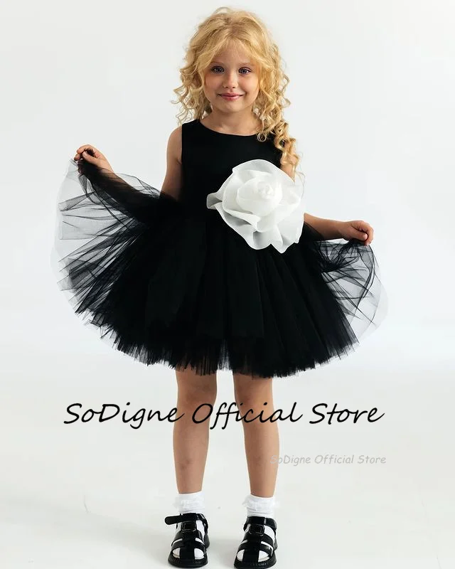 SoDigne 3D Flowe A-line Black Tulle Flower Girl Gowns O-Neck Sleeveless Short Girl Birthday Party Dresses Customized