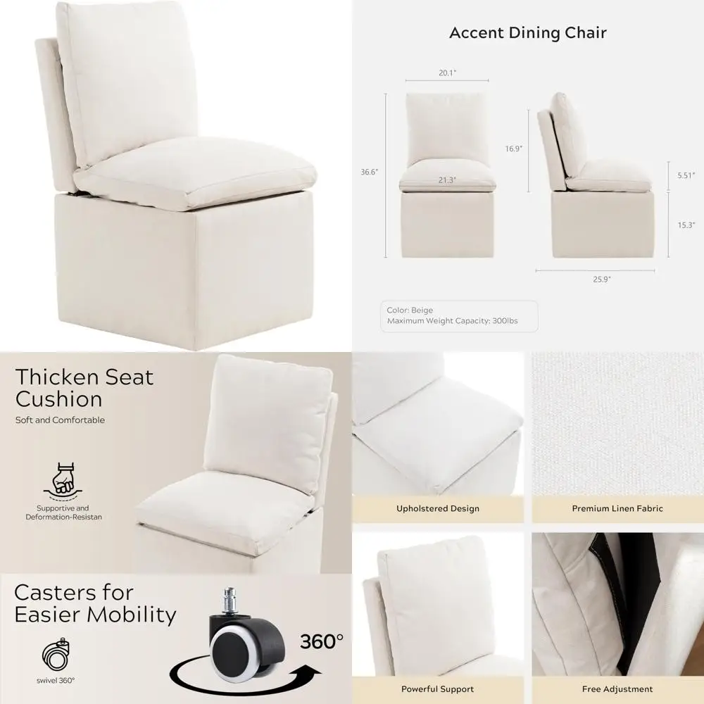 كراسي طعام منجدة مع عجلات، وكراسي من قماش الكتان لتخزين المطبخ والراحة