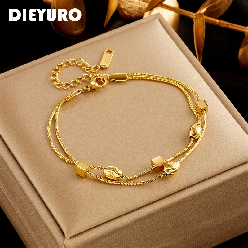 DIEYURO 316L Stainless Steel Gold Color Cube Charm Bracelet For Women New Trend Girls 2-Layer Wrist Chains Jewelry Birthday Gift