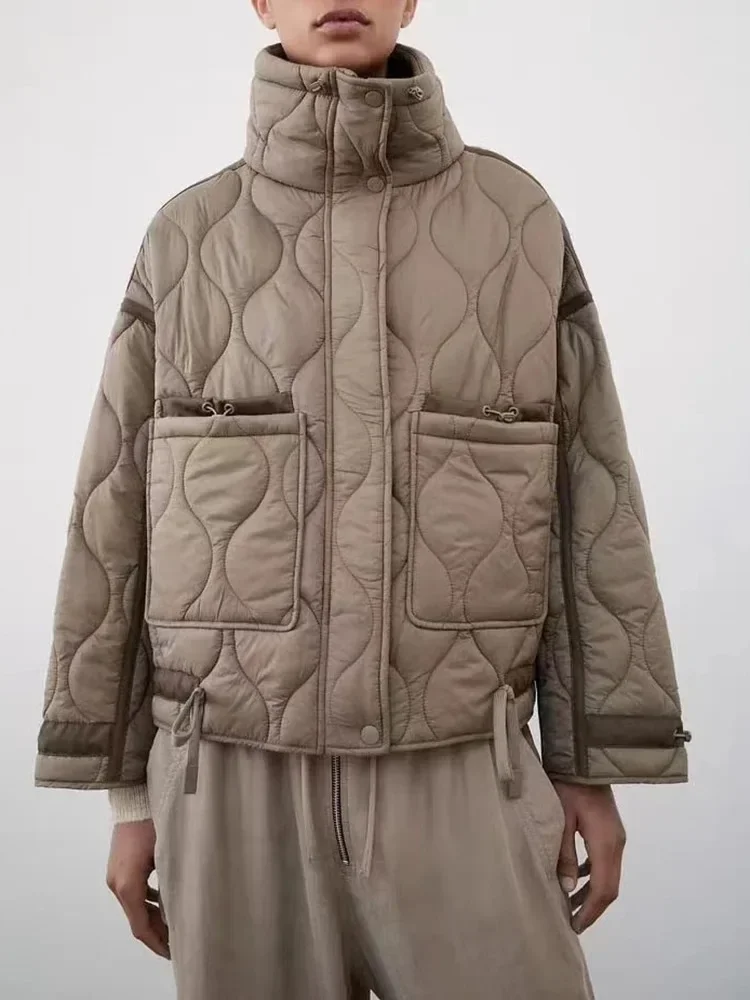 خريف شتاء جديد إمرأة موضة سترة قطن دافئة الوقوف طوق كم طويل الجبهة زيبر أزرار الإناث معطف خمر