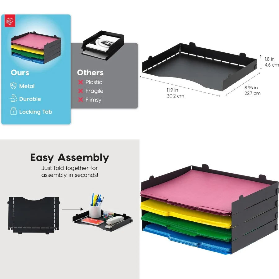 

Металлический лоток для писем IRIS USA, органайзер для бумаги, 4 упаковки для писем/А4, держатель для файлов, штабелируемый настольный органайзер для документов для документов