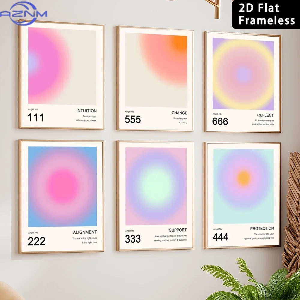 6pcs Frameless Canvas Printed Poster Home Decoration Decorative Wall Art Aura Angel Numbers Poster, Colorful Gradient Posters fo view 5