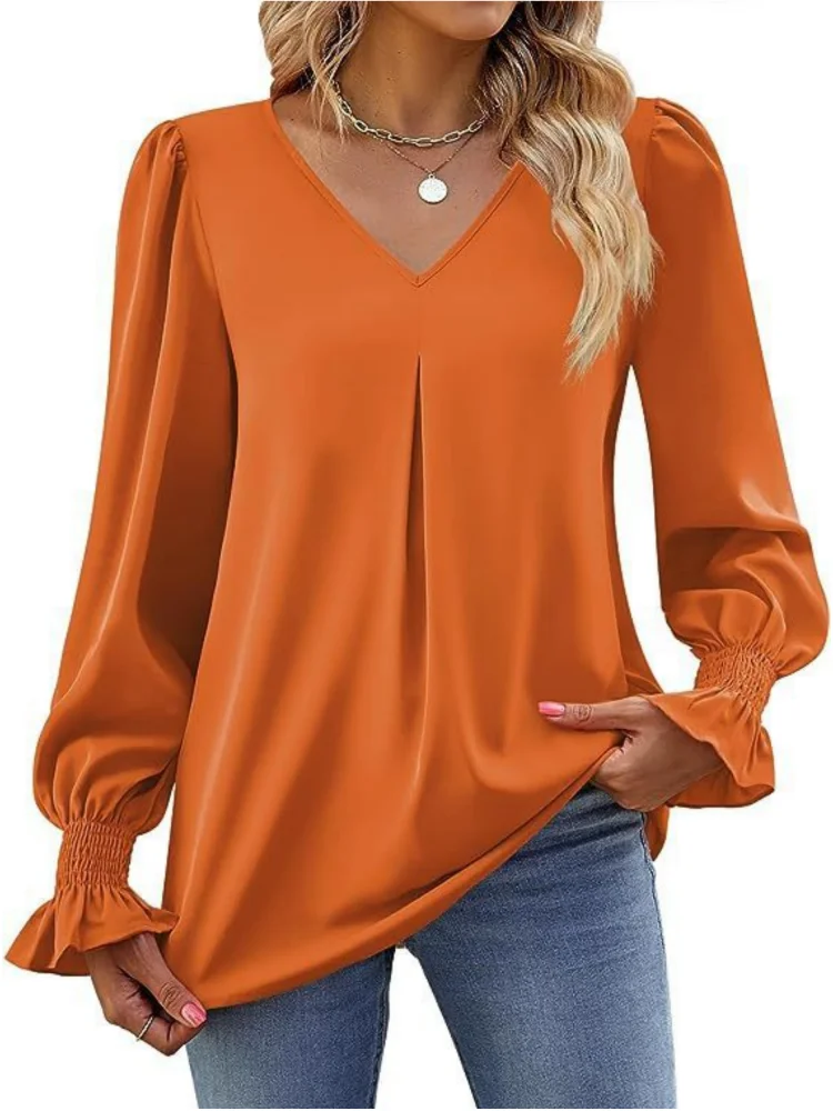 Women Spring Summer Style Blouses Shirts Lady Casual Long Sleeve V-Neck Solid Color Blusas Tops DF4998