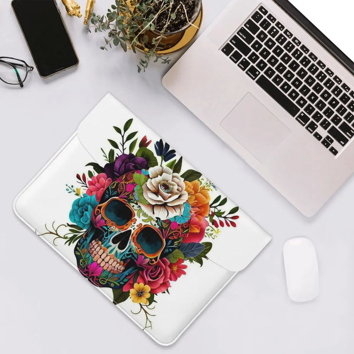 Skull Print Horror Skeleton Death PU Leather Horizontal Laptop Sleeve Shockproof Soft Lining Notebook Case 13 Inch