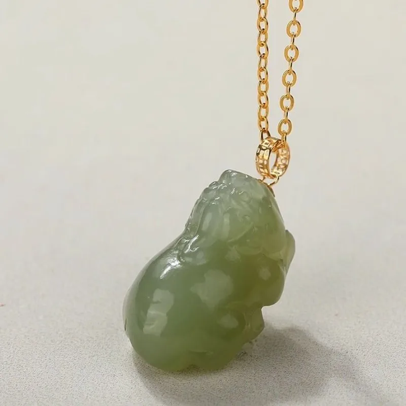 

Natural Hetian Jade Pixiu Necklace 18K Real Gold Clasp Silver Plated Chain Women's Ornament Couple Jade Pendant Gifts