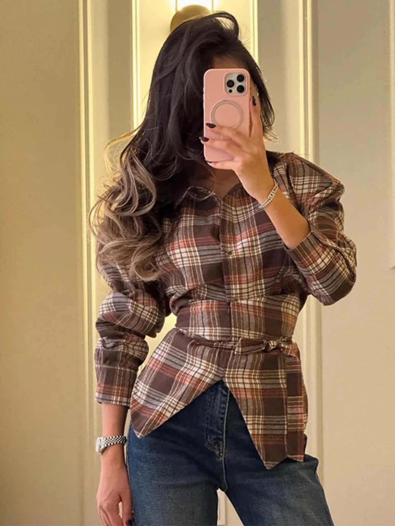 

Fashion Plaid Cinched Waist Shirts Lace Up Lapel Single Breasted Full Sleeve Female Blouses Spring Lady Casual Chic Tops