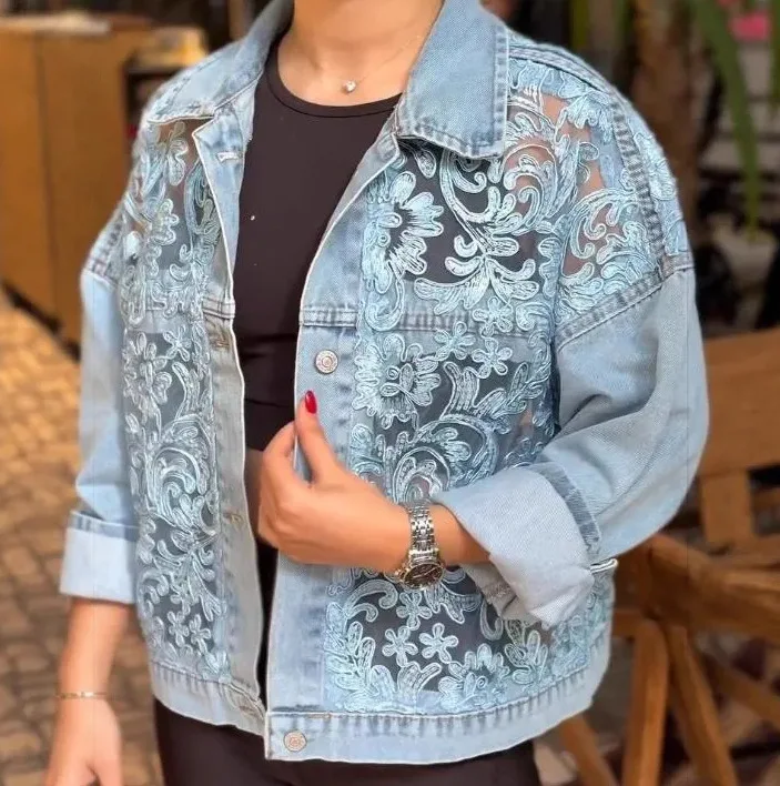 Damen-Jeansjacke mit Umlegekragen, Vintage-Spitze, Y2K-Streetwear, Lässige Elegante Arbeitsjacke, Locker Geschnitten, Splice-Design 2026