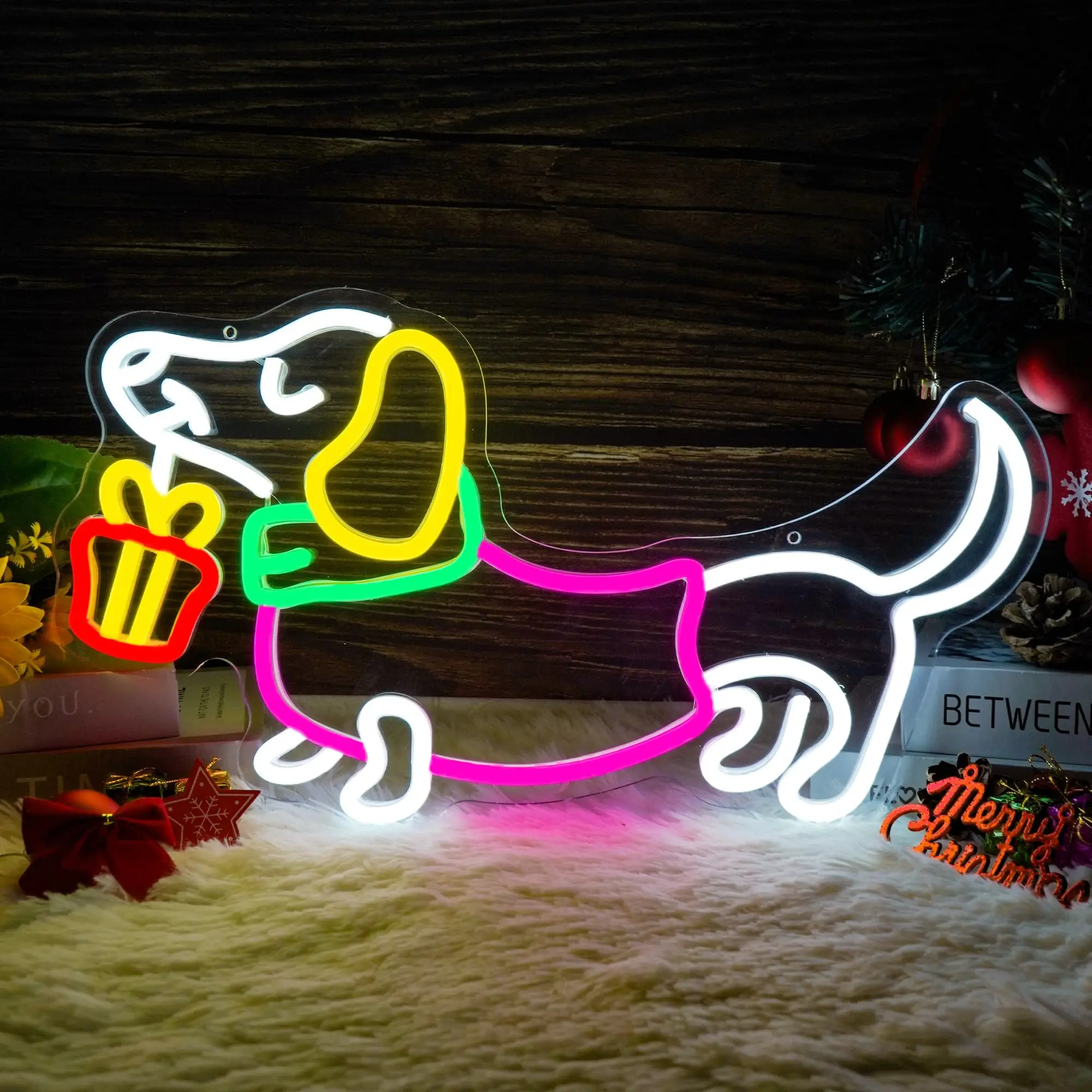 Christmas Dachshund Neon Sign for Wall Decor Cute Animal Dimmable LED Sign for Xmas Party Home Pet Lover's LED Light Decor