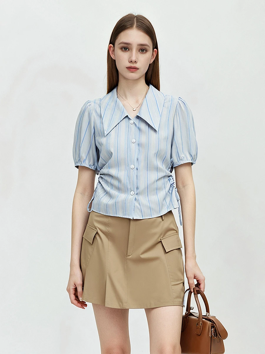 

Slim Fit Striped irt Women's ort Sve Hollow out Design Summer New Sle French Sle Breathable Polyester Blend irt