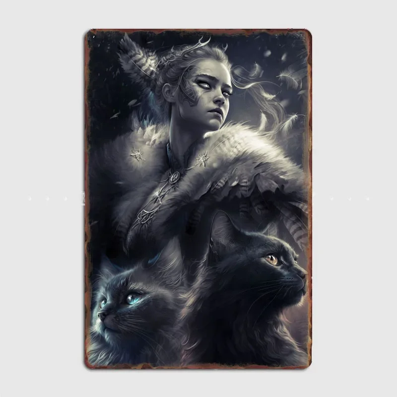

Norse Mythology Illustrated Freyja and Her Two Cats Metal Poster Room Wall Decor Cinema Living Custom Tin Vintage Home Decor