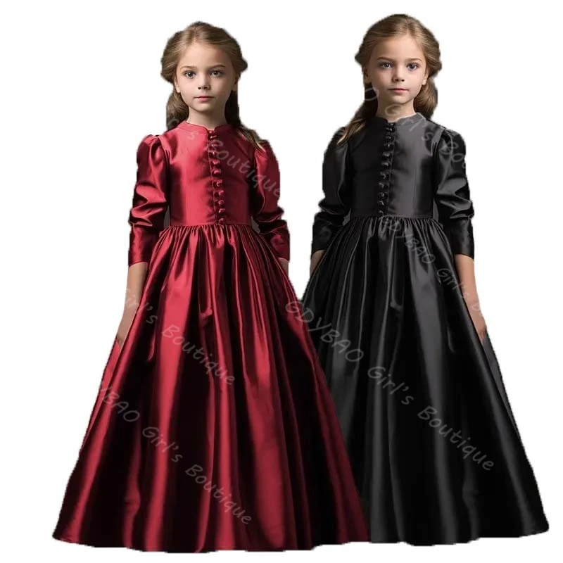 

Винтажное атласное плиссированное платье с цветочным узором для девочек на свадьбу, детское платье с высоким воротом и рукавами 3/4, платье для святого причастия, праздничное платье принцессы на заказ