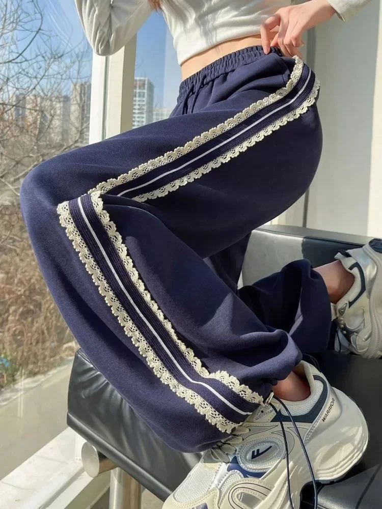 

plus Size High Waist Wide Leg Casual Sweatpants Lace Trim Patchwork Stripe Sports Pants Korean Sle Commute Faion Ladies