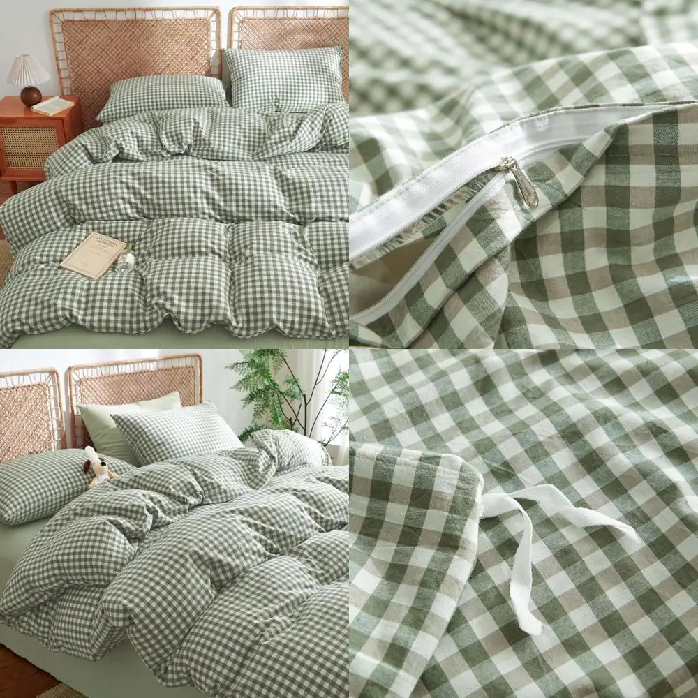 

Queen Size Gingham Cotton Plaid Duvet Cover Set, 100% Washed, Green Checkered, 3-Piece, Soft & Breathable, Suitable for All Seas