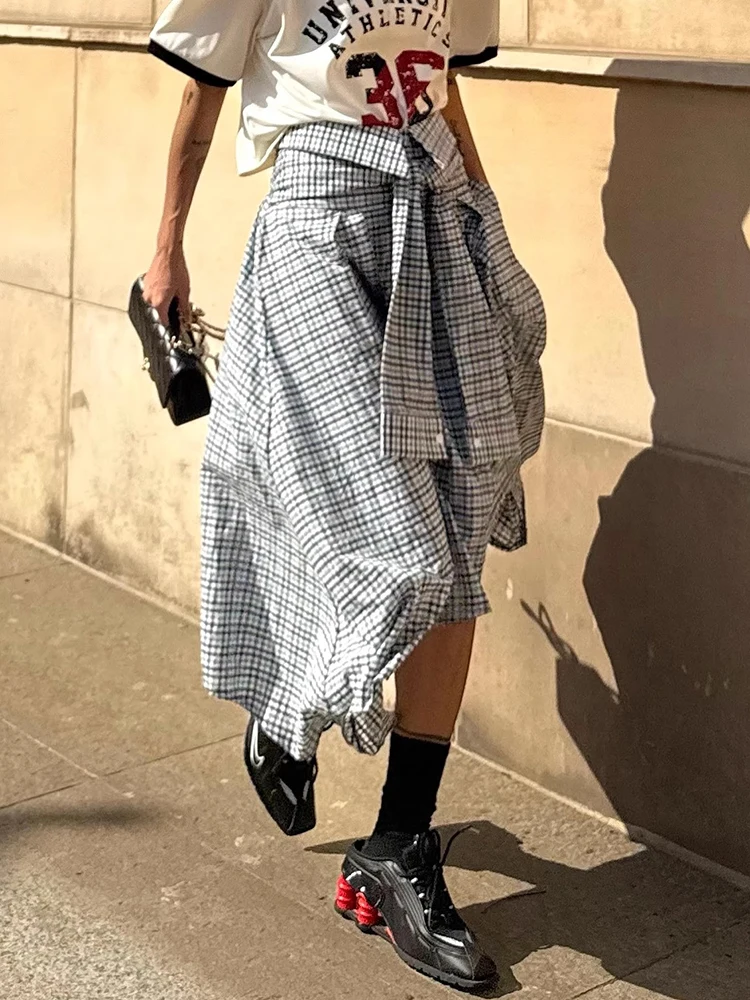 Liangliang Home Design Plaid Half Skirt Women's Summer New Vintage Irregular Long Skirt High Waist Loose Fit Commute Style