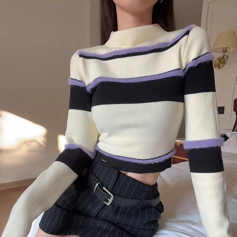 Fashion Color Block Striped Sweater Women Casual Slim Fit Cropped Knitted Pullover Autumn Winter Hottie Mock Neck Jumper Tops
