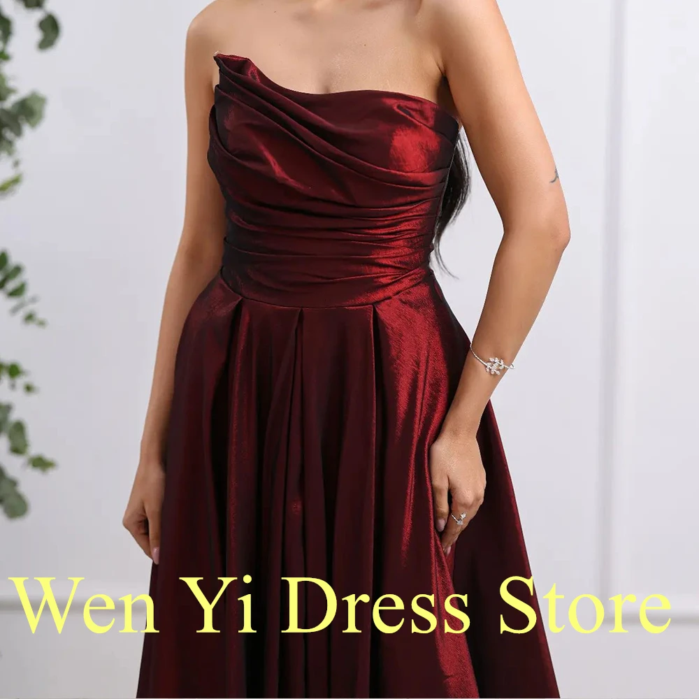 Burgundy Satin Classic Strapless A-Line Evening Dress Floor Length Sweep Train Pleats Sleeveless Custom Size Vestido De Festa