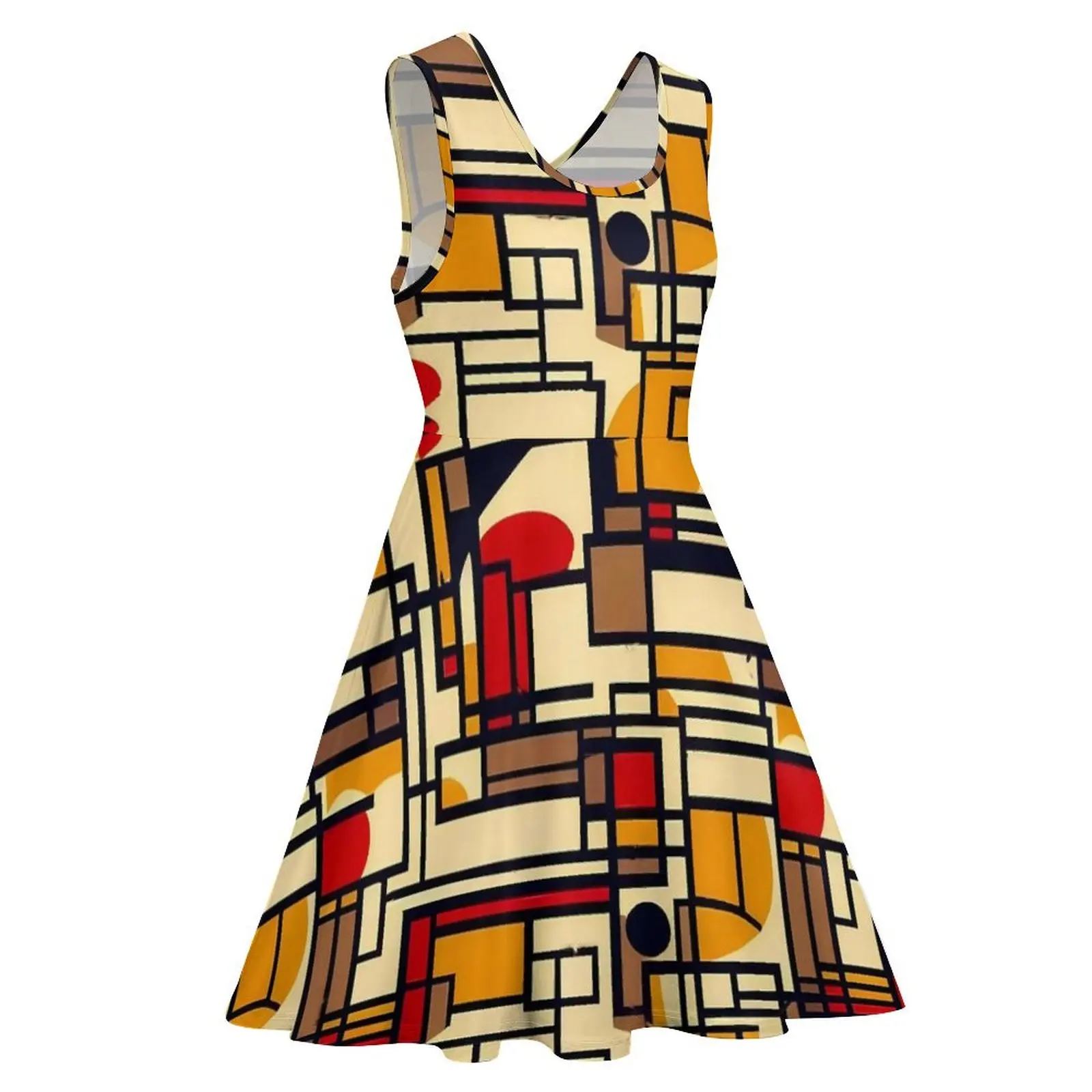 Vintage Geometrisches Kleid De Stijl Trendige Kleider Hohe Taille Casual Skate Kleid Weibliche Gedruckt Kleidung Geschenk