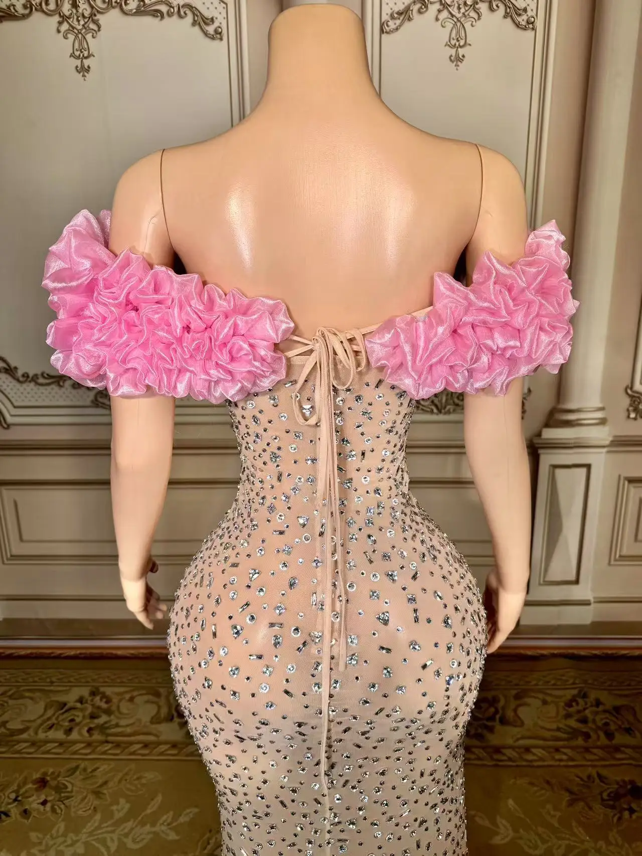 Sexy Sparkly Multicolor Rhinestones Sleeveless Mesh Transparent Short Dress Women Birthday Celebrate Prom Dance Dress Plus Size