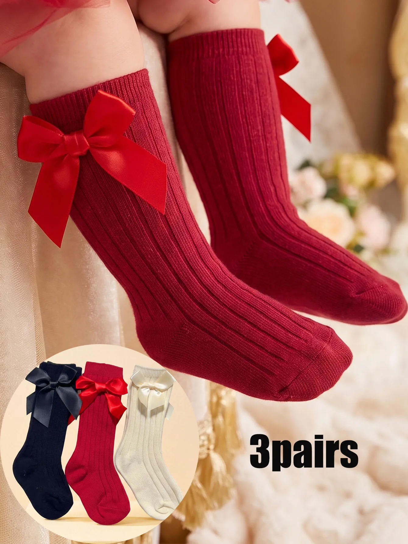 3Pairs Baby Mid Crew Socks 3-24M, Cute Bow Decor Soft Breathable Multi-color Infant Socks for All Seasons