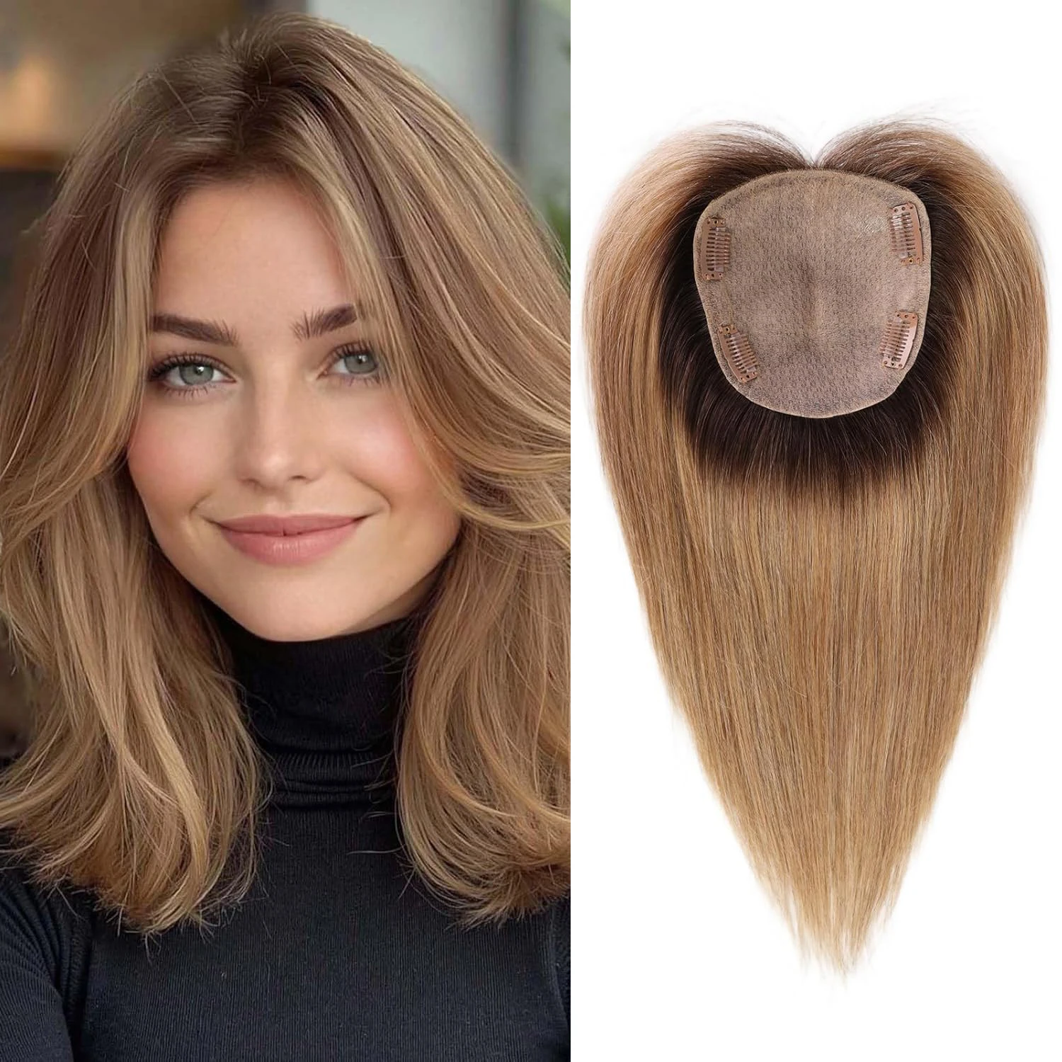

Ombre Brown Hair Topper 5"*5.5" Silk Base Hair Toppers for Women Real Human Hair 12 inch Brown 100% Human Hair Topper No Bangs