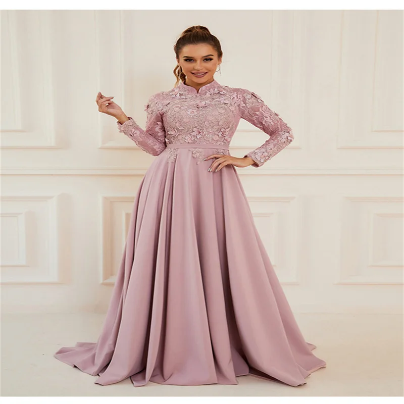 

MULONG Modest Satin Mother of the Bride Dresses Hight-Neck Long Sleeves Formal Evening Gowns Floor Length Mother of the Bride