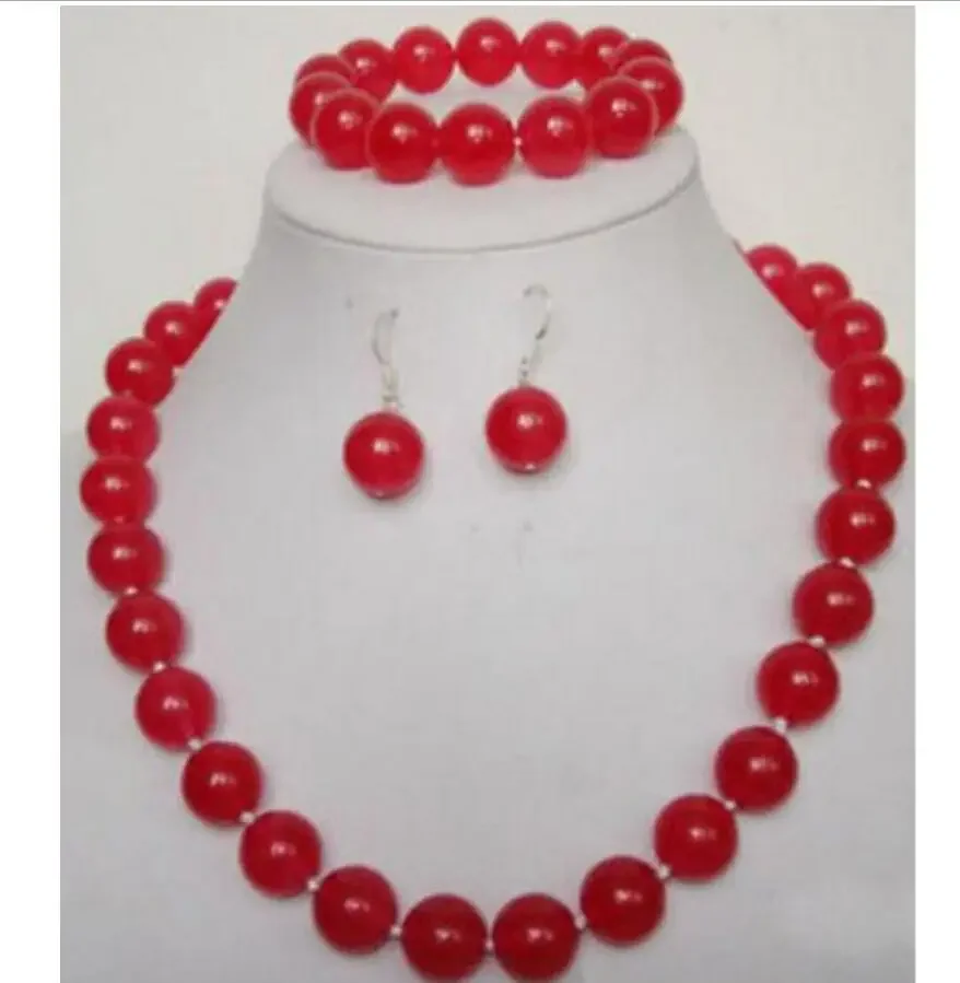

Новый горячий натуральный 12 мм красный нефрит ожерелье браслет серьги комплект 18 дюймов 7,5 дюймов