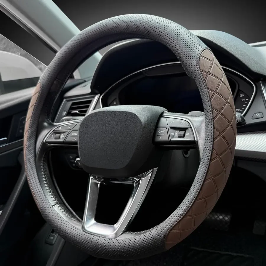 Nappa Leather Steering Wheel CoverElegant Diamond Checkered Design NonSlip wearResistant Enhance Driving Comfort Suitable for S