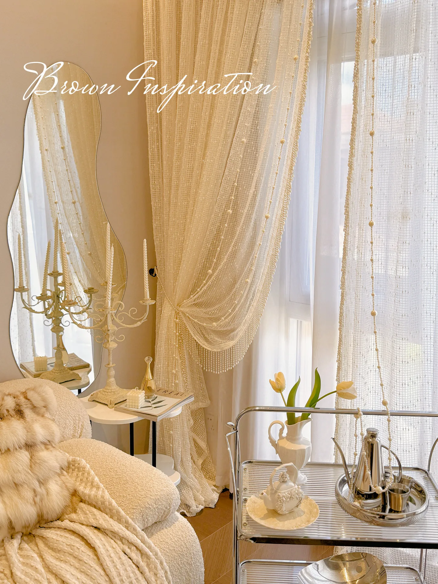 French Romantic Light Luxury White Exquisite Pearls with Fine Sparkle and Luster Dreamy Girl Heart Custom Size Gauze Curtain