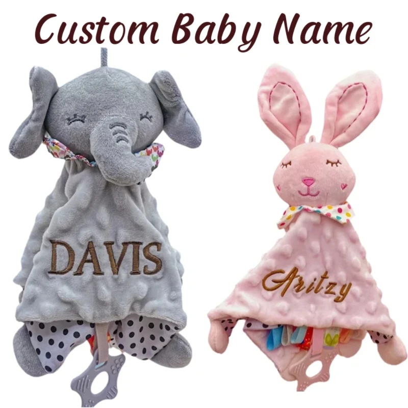 Personalised Baby Elephant Security Blanket Organic Cotton Comforter with Silicone Teether Infant Shower Gift