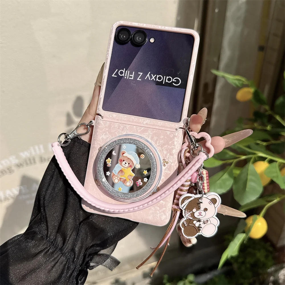Korean Cute Star Bear Magnetic Phone Case for Samsung Galaxy Z Flip7 6 5 Flip6 7FE Flip5 6 Cover With Magsafe Mirror Stand Cases