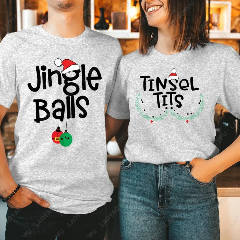 Divertente coppia di Natale T-shirt Jingle Balls Cappello di Natale Streetwear Magliette grafiche Natale Uomo Donna Abbigliamento Girocollo Top Regalo