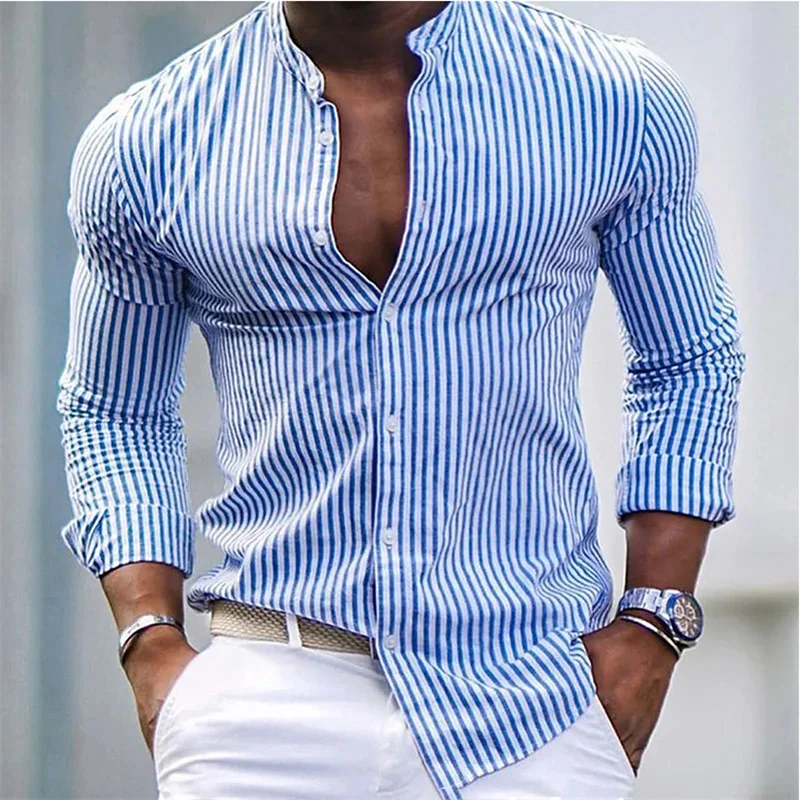 2024 Popular Men's Shirt Stripe Print Flip Collar Button Shirt Soft and Comfortable Extra Large XS-6XL