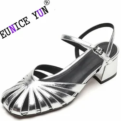 【EUNICE YUN】Split Genuine Leather Women Sandals Round Toe Chunky Heel Summer Narrow Band Shoes for Handmade Shoes 34-40