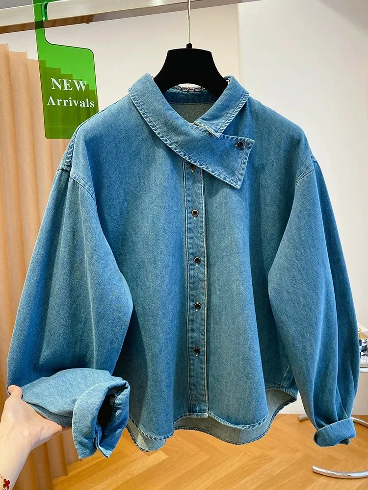 Korean Blue Denim Shirt For Women In Autumn 2025 Retro Casual And Lazy Style Layered Long Sleeved Top  Women's Blouse