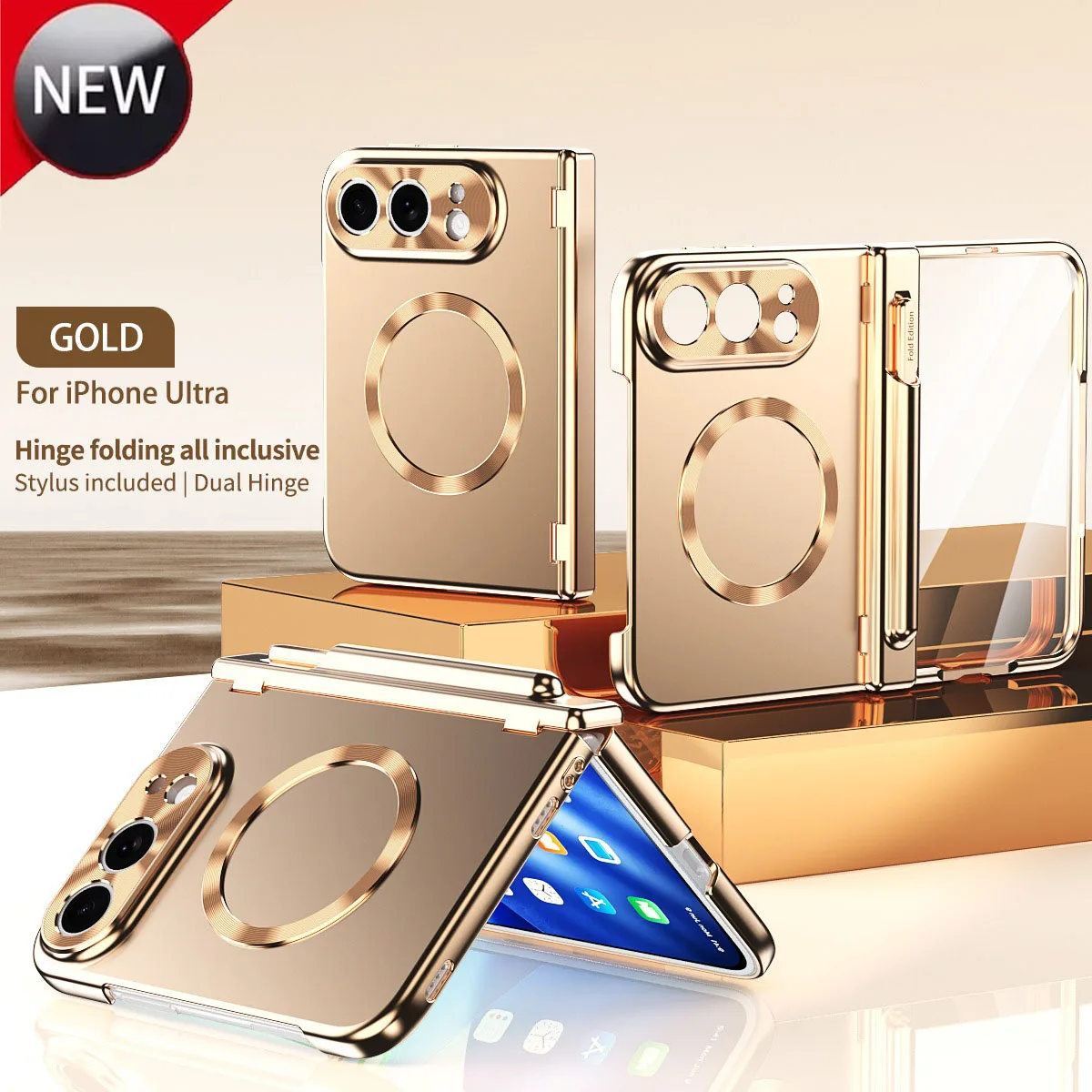 For iPhone Duo, Luxury With Touch Pen for Magsafe Plating Hinge Protection Phone Case With Front Screen Tempered Film Cover