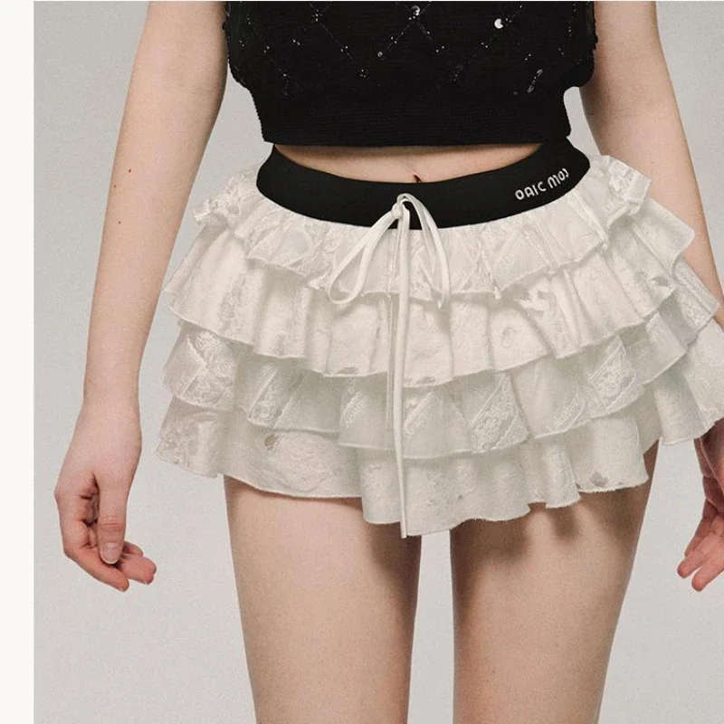 Deeptown Kawaii Sexy Ruffle White Mini Skirt Fairycore Cake Pleated Lace Up Short Skirts Coquette Casual Layered Patchwork Skirt