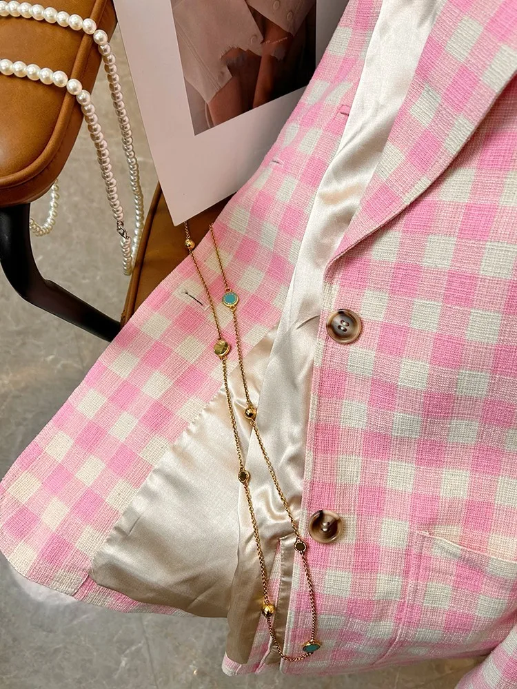 Hot Koop Vrouwen Nieuwe Stijl Zoete Roze Raster Blazers Jas Mode Enkele Breasted Twee Knoppen Lange Mouw Pak Kraag Elegante Jas