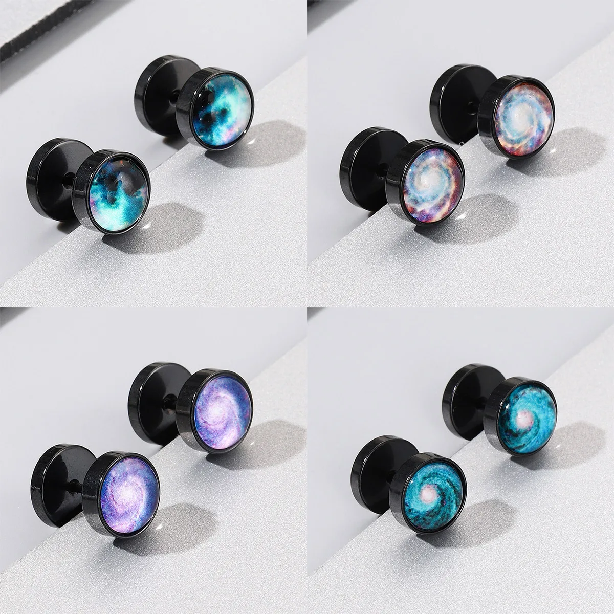 1 Pair of fashionable men\'s space round earrings, punk beast pupil elements, female earrings