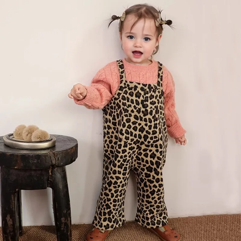 Children's Leopard Print Overalls 2024 Autumn New Collection of Boys' and Girls' Jumpsuit Casual Pants Thickened Cute Furry Ball