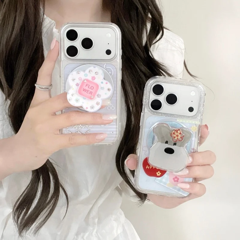

Korean Ins Cute Diamond Love Flower Magnetic Stand Phone Case For iPhone 17 Pro 16 15 Pro Max Cartoon Dog Protective Cases For M