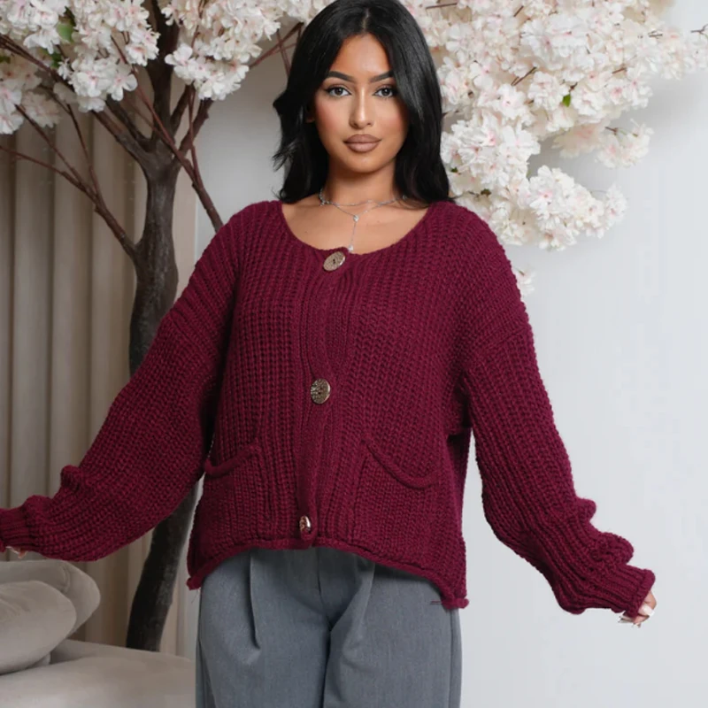 HXAO 2024 Woman Burgundy Crochet Cardigan For Women Autumn Cropped Knit Outerwears Loose O-Neck Long Sleeve Top Women Knitwears