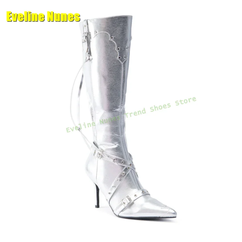 Silvery Belt Buckle Fringe Patchwork Boots Pointed Toe Stiletto Side Zip Women Fashion Knee High Boots 2025 Spring Street Style