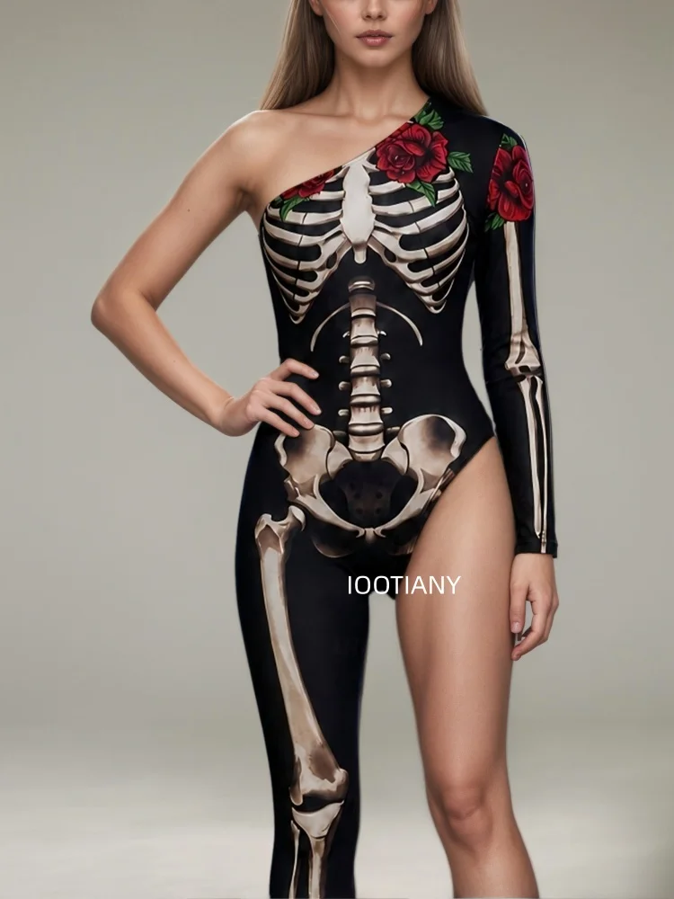 Gotischer Halloween-Skelett-Print-Bodysuit für Damen, One-Shoulder, einlanger Ärmel, asymmetrischer, enger Jumpsuit, Bühnen-Rave-Outfit – Detail 22