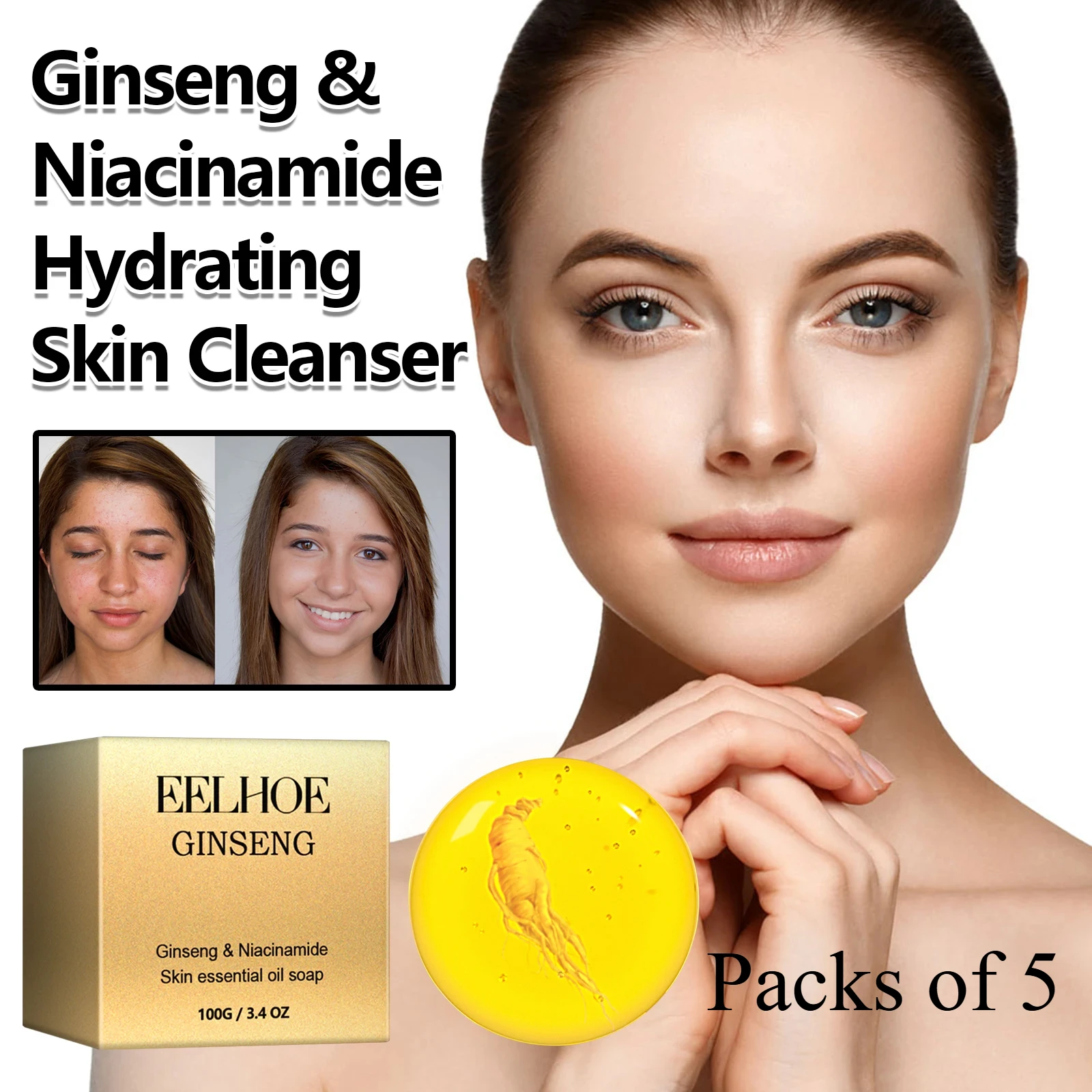 5 Pcs Ginseng Cleansing Soap Cleanse Facial Oil Dirt Fade Dark Spots Improve Dry Skin Niacinamide Moisturize Essential Oil Soap