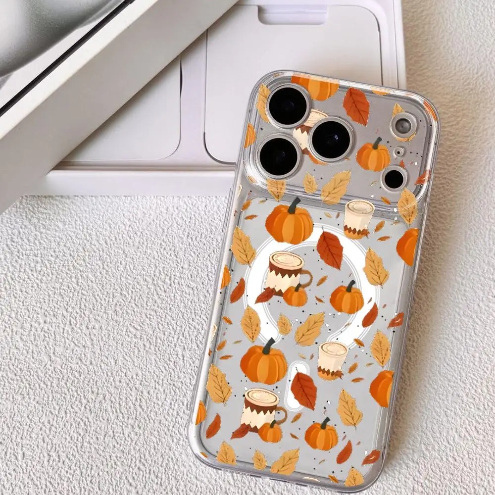 Autumn Pumpkin Spice Latte Phone Case For IPhone18 17 16 15 14 13 12 Pro Max Plus Magnetic Crystal Clear Case Wireless Charge