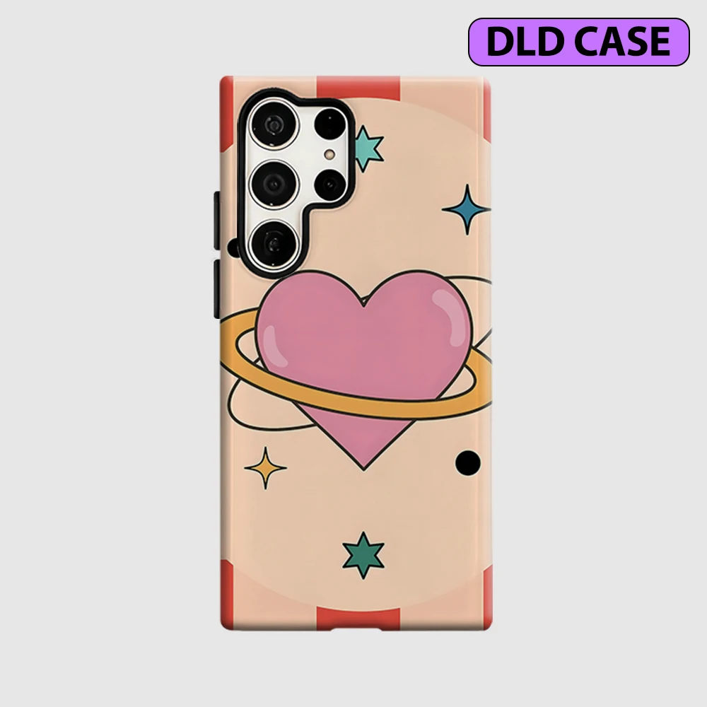 Heart Planet Check Phone Case for Samsung Galaxy S26 S25 Ultra S24 S23 Ultra Plus Shockproof Double Layer Tough Back Cover